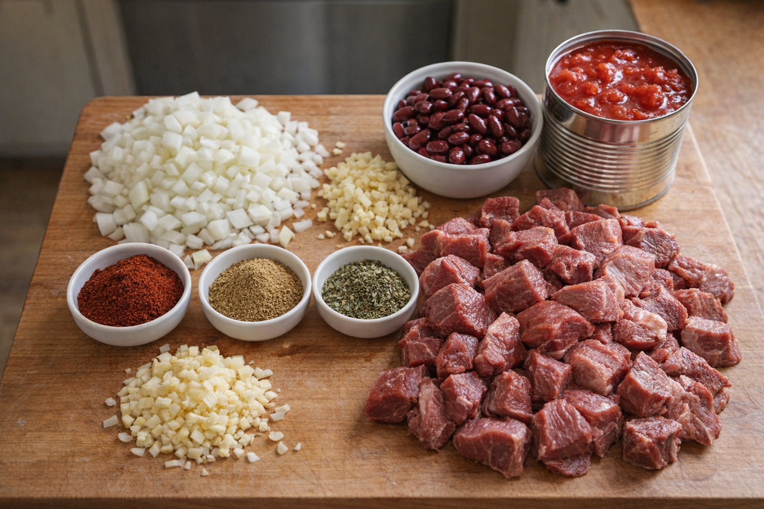 An overhead shot of various chili ingredients neatly arranged on a wooden cutting board: diced onions, minced garlic, chili powder, cumin, oregano, canned diced tomatoes, kidney beans, and cubed chuck roast.